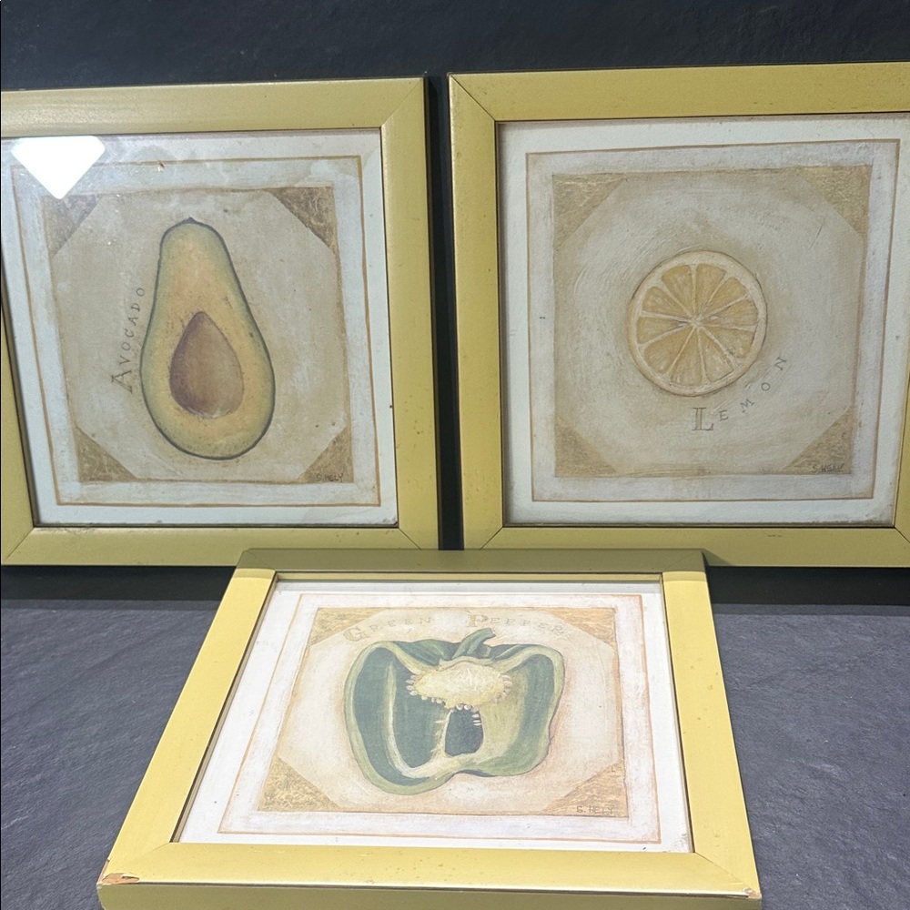 Set of Three Yellow Framed Fruit Prints Vtg 8x8